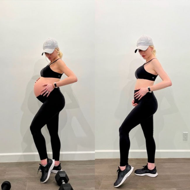 Before & after showing a woman losing her post-pregnancy baby bump after seeing a Beverly Hills personal trainer at Royal Personal Training